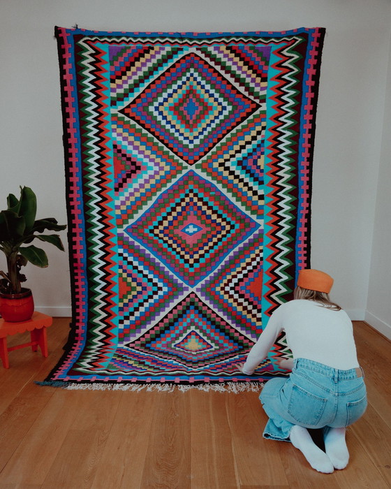 Image 1 of Handgewebter, bunt karierter Wollteppich aus Tunesien - 100% Naturwolle