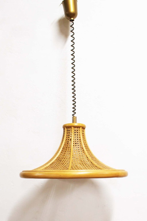 Große Vintage-Pendelleuchte aus Rattan und Webbing im Wabi Sabi Retro-Stil