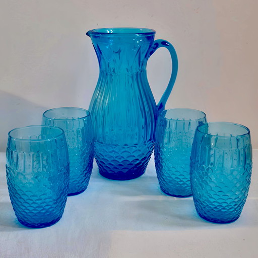 Beautiful Rare Art Deco Orangeade Service: Serving Jug + 4 Lemonade Glasses