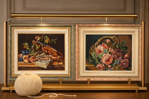 Paire de tableaux vintage des années 1980 – Broderie artisanale en laine
