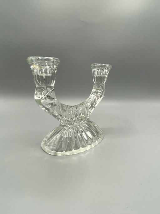 Dubbele kandelaar van geslepen kristal – Tweelichts, met zwanenhalsarmen – glazen karaffen, Mid Century Modern (photo 2 of 7)