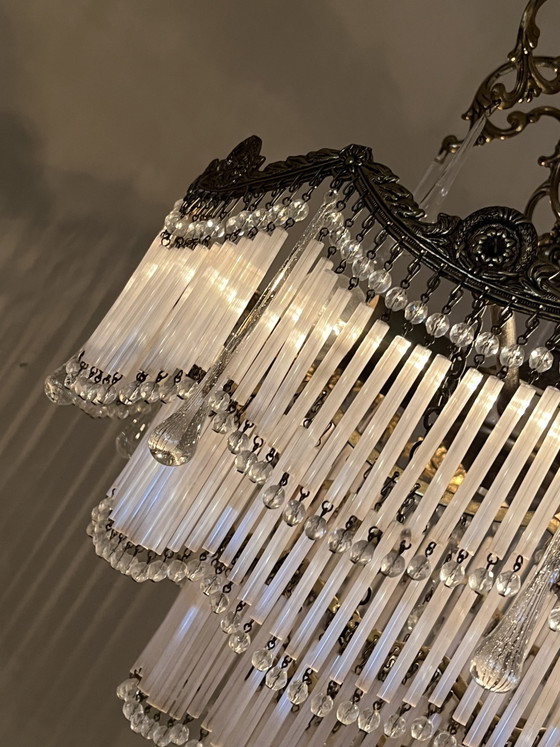 Vintage Bronze Art Nouveau Chandelier Opal Rods and Teardrop Pebbles – Crystal (photo 12 of 13)