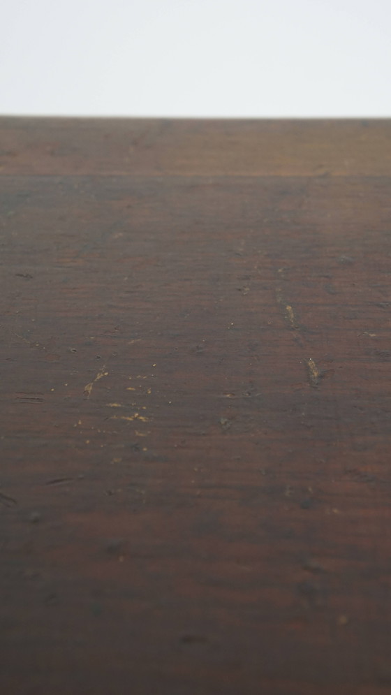 Image 1 of Table de bistrot française ancienne avec pied en fonte dorée et plateau en chêne foncé