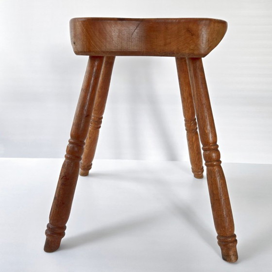 Image 1 of SUPERB VINTAGE BRUTALIST STOOL 1950 IN OAK, 4 LEGS, 50S