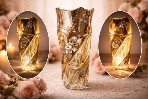 Twisted Bohemian crystal vase with gold enamel, Czech Republic