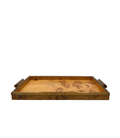 Hollywood regency brass & burl tray, Italy 1970s