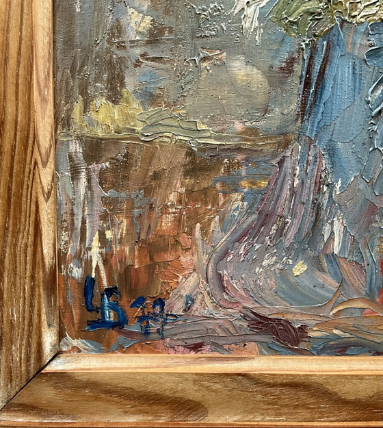 Vintage Floral Oil Painting with Impasto, Signed LB, 1977, Paintings & Drawings, Wood, Blue (photo 6 of 7)