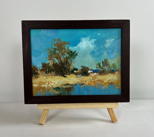 Origineel olieverfschilderij: Kustlandschap langs een rivier, wandelend nabij een bosvijver.