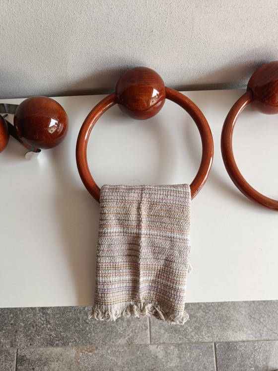Image 1 of Large Vintage Lacquered Wood Towel Rail & Wall Hook Set, 4 Pieces, 1970s Style