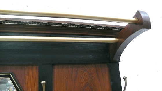 Image 1 of Large Art Nouveau wardrobe circa 1910, solid elm wood + black, hat shelf, mirror, umbrella stand, lid compartment