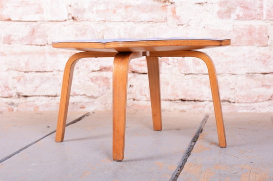 Restored Mid-Century Side Table, Beech, Plywood, Formica, Czech, 1950s, Blue (photo 3 of 11)