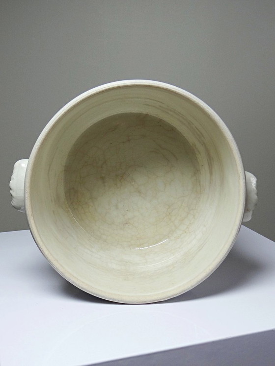Image 1 of Antique glazed ironstone bouillon/casserole dish with blue St Uze decoration