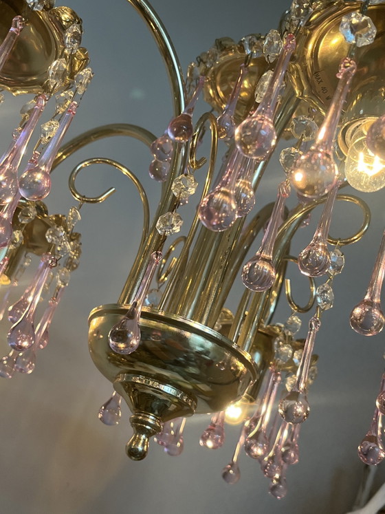 Image 1 of XL Vintage Chandelier Pink Teardrop Pendant Lamp from Murano