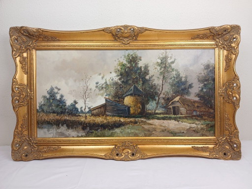 Beautiful Oil Painting by B.H. Slotman - Atmospheric Landscape with Baroque Frame