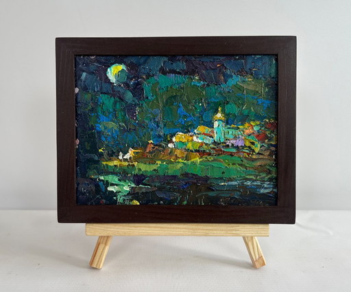 Original Oil Painting Night Village Landscape The moonlit night illuminates