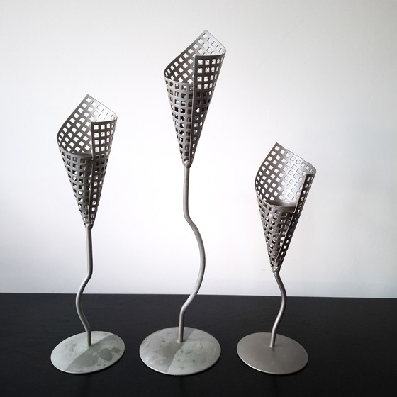 Image 1 of 3x vintage kandelaar Memphis Milano grijs metaal jaren 80