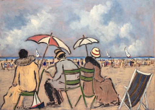 Origineel schilderij door Henry St Clair (1899-1990) "Scène De Plage Animée" (Levendige Strandscène)