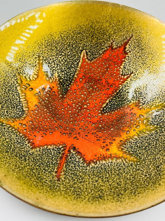Image 1 of Enamelled leaf trinket tray signed Jules Perrier, artisan from Quebec