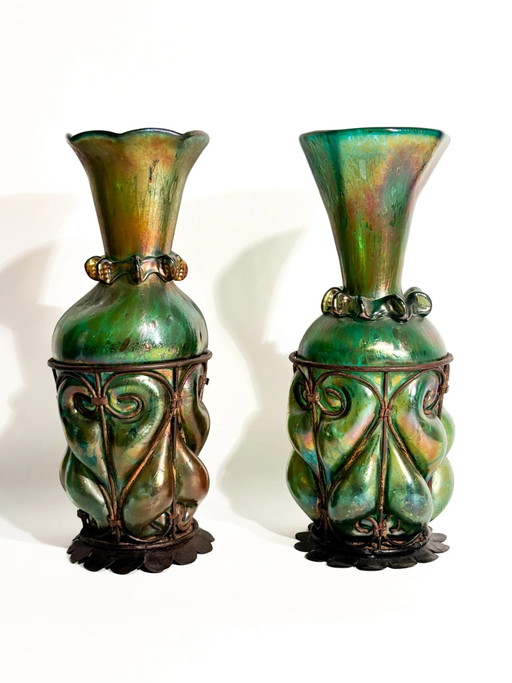 Pair of 1920s Loetz Glass and Wrought Iron Vases – vazen, Art Nouveau