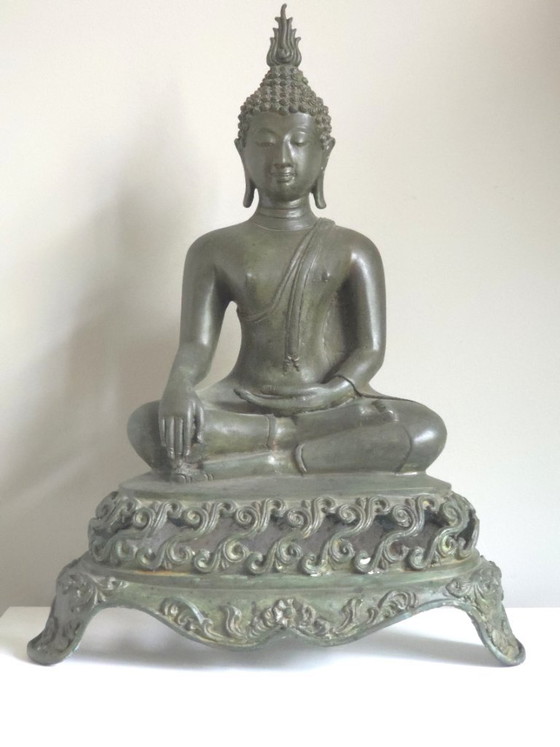 Antieke Bronzen Thaise Sukhothai Boeddha Akshobhya (47 cm) – Beeldhouwkunst (photo 2 of 14)