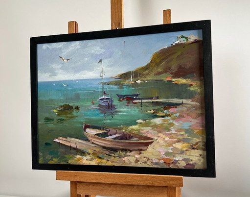 Original Oil Painting Sea Coastal Landscape Harbor at the foot of the hills
