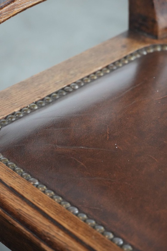 Image 1 of 4 x Antique Oak Dining Chairs in Art Nouveau Style with Cognac-Colored Cowhide Leather