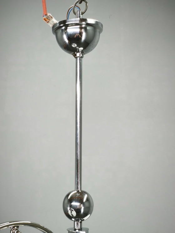 1930s Art Deco Chrome and Opaline Glass Two-Light Chandelier, Czechoslovakia, Metal, Silver (photo 8 of 10)