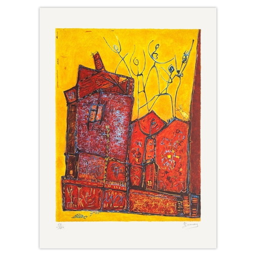 Sylvie Demay Die roten Häuser Signierte Lithografie 2005