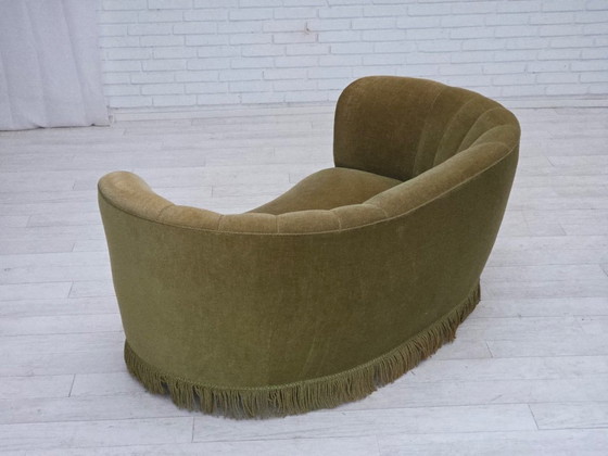 Image 1 of 1960s, Danish 2-seater "Banana" sofa, original green furniture velour.