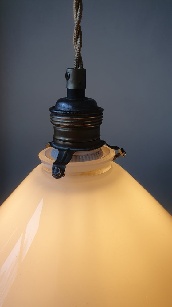 Image 1 of Set (2) Vintage pendant lamps in opaline / milk glass - banker's lamp or shoemaker's lamp