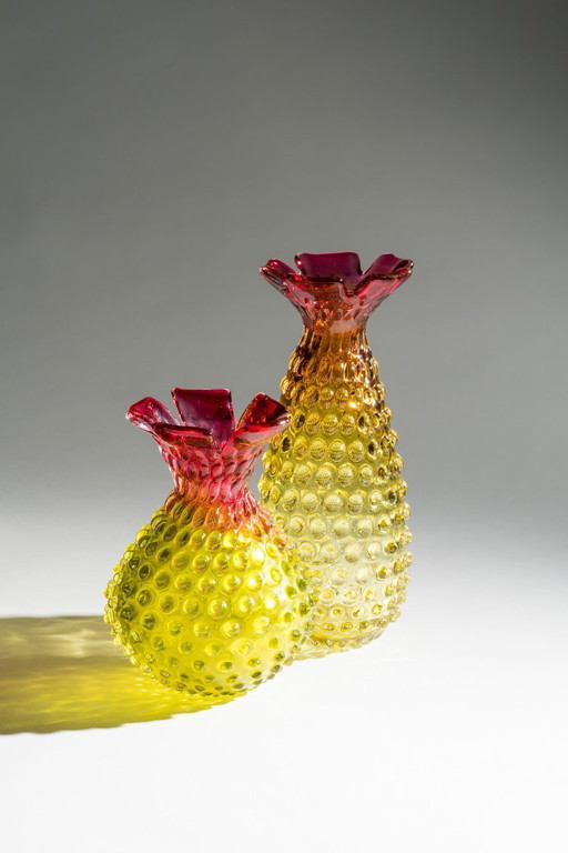 Frantisek Koudelka Skrdlovice Glassworks “Ananas” Raro DÚO de vidrio artístico checo