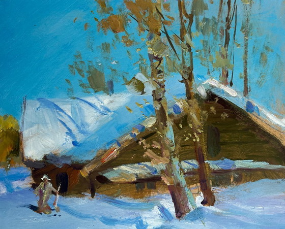 Image 1 of Original Oil Painting Winter Village Landscape After the night snowfall