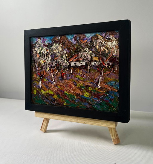 Original Oil Painting Gloomy Trees Landscape Gardens in bloom spring is unfolding
