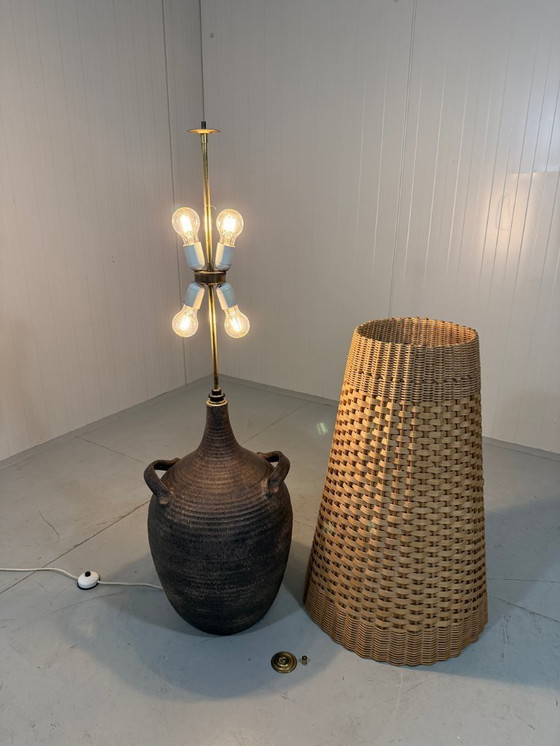 Image 1 of Large pottery floor lamp with rattan shade 1960's