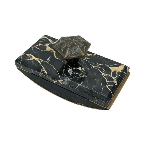 Image 1 of Art Deco Executive Desk Set: Letter Holder and Blotter – Portoro Marble and Brass – 1930s