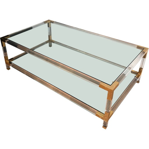 Tavolino vintage in plexiglass e metallo dorato, 1970