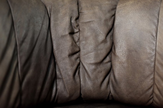 Image 1 of Vintage Mid-Century Modern German Brutalist 2-Seater Brown Leather Bed Sofa, 1970s