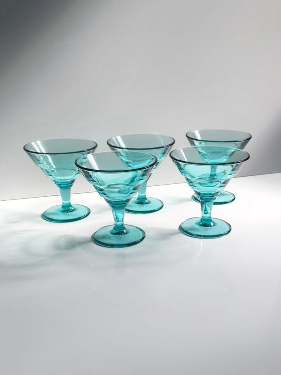 5 Vintage Dessertschalen van Turkoois Glas, Italië Jaren 80, Art Deco Revival – Servies (photo 3 of 5)