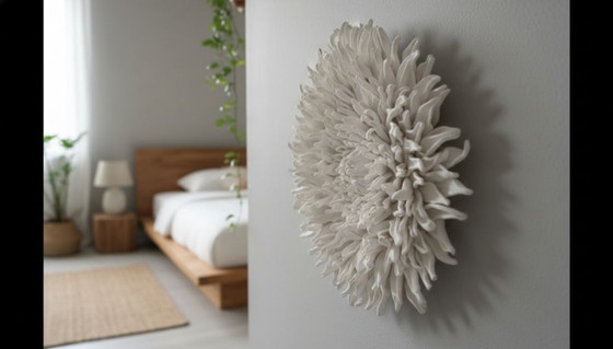 Image 1 of Muurdecoratie, sculptuur, bloemdecoratie, klei, dahlia, organisch bloemenmotief, statement voor je interieur