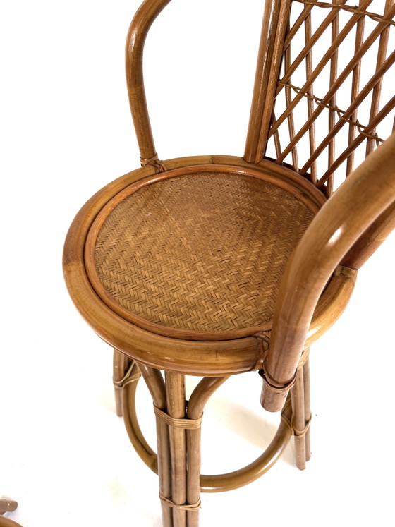 Image 1 of Lot de 3 tabourets de bar vintage en rotin et sangle, années 70