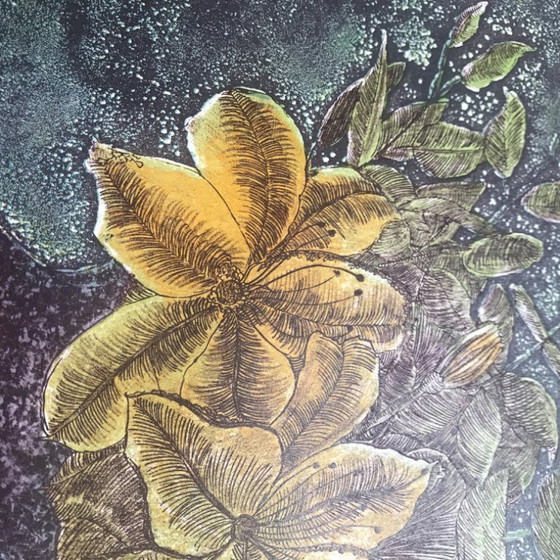 Image 1 of litografia a colori bouquet autunnale di Yolande Bogaerts (1984)
