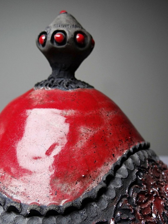 Image 1 of Vintage 2000s handcrafted raku jewelry box in red and grey