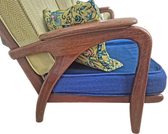 1950s wooden bench with designer upholstery – 3-5 seaters, Textile (photo 4 of 5)