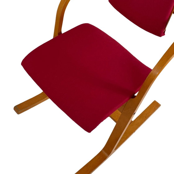 Image 1 of Peter Opsvik - Stokke - Actulum - Ergonomically Shaped Rocking Chair - Red Upholstery And Wooden Frame - New Upholstery!