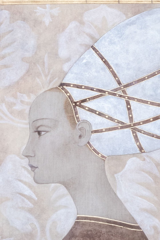 Image 1 of Bemaltes Leinwandgemälde mit der Darstellung einer italienischen Adelsfrau. Zeitgenössisch.