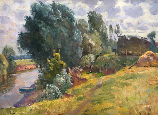 Originales Ölgemälde: Ländliche Landschaft in Flussnähe