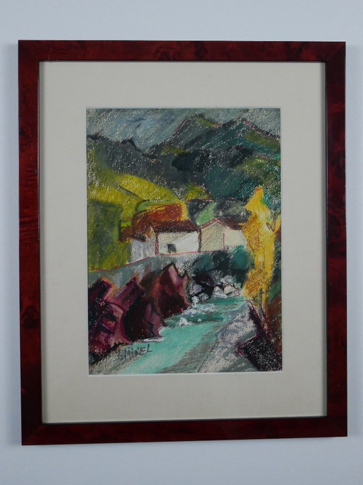 Lucie RIVEL, Mountain Village. Framed pastel.