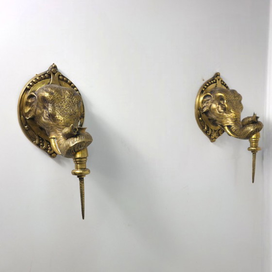 Image 1 of Juego de apliques de pared art déco de latón con diseño de elefante XL estilo regencia