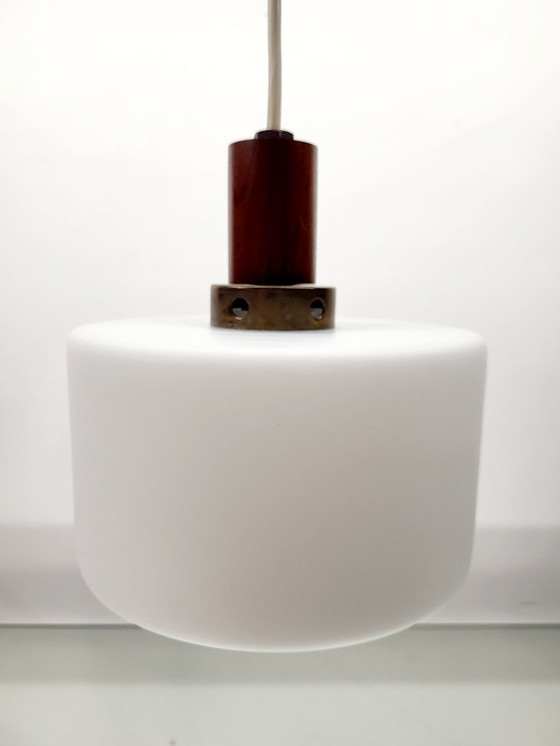 Image 1 of Vintage opaline glazen hanglamp, Scandinavische stijl, teak en messing, jaren 60