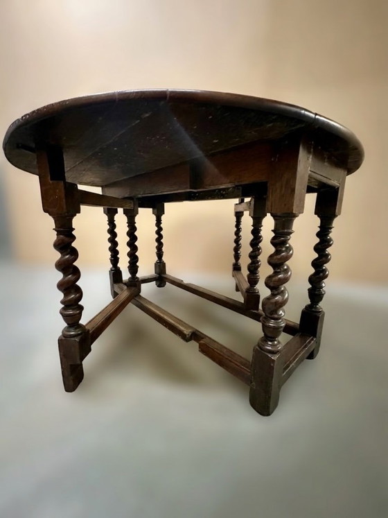 Antique English Oak Gateleg Drop-Leaf Table with Barley Twist Legs, 19th Century, Antiek, Dining tables, Wood (photo 7 of 8)